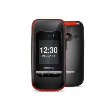 Emporia ONE V200i svart/röd (2025) – seniorvänlig mobiltelefon med SOS-knapp, laddstation och stora belysta knappar