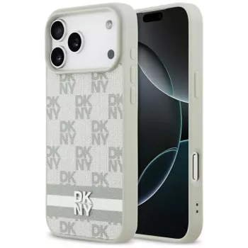 DKNY rutmönster med tryckta ränder skal för iPhone 17 Pro Max – beige