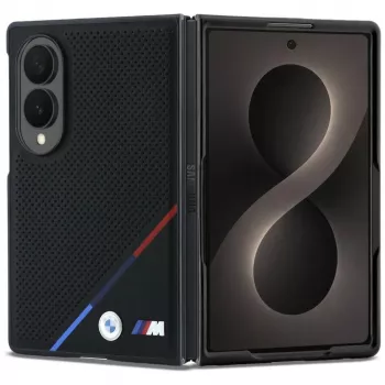 BMW M läder perforerade trikolorränderna metallogotyper MagSafe-skal för Samsung Galaxy Z Fold8 – svart