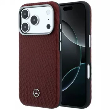 Mercedes läder Semi Wrap träeffekt MagSafe-skal för iPhone 18 Pro Max / 17 Pro Max – vinrött