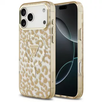 GUESS IML Leopard Glitter Triangle Logo MagSafe-skal för iPhone 18 Pro / 17 Pro, brun