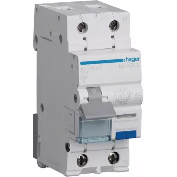 Hager ADC910D RCBO 2P 10A 30mA typ AC jordfelsbrytare med överströmsskydd