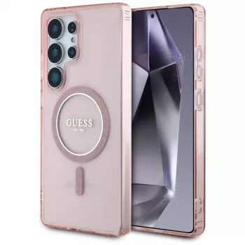 GUESS Glitter Circle Classic Logo MagSafe-skal för Samsung Galaxy S25 Ultra – rosa