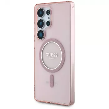 GUESS Glitter Circle Classic Logo MagSafe-skal för Samsung Galaxy S25 Ultra – rosa