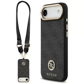 GUESS 4G Strass Logo MagSafe-skal för iPhone Air med metallknappar och handledsrem – svart