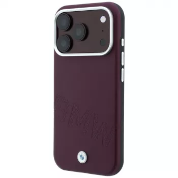 BMW Signature Collection sneda präglade bokstäver MagSafe-skal för iPhone 15 Pro – vinröd