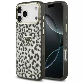 GUESS IML Leopard Glitter Triangle Logo MagSafe-skal för iPhone 18 Pro Max / 17 Pro Max – svart