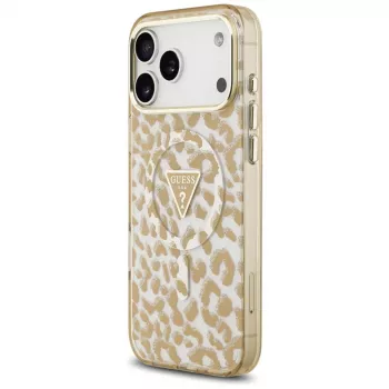 GUESS IML Leopard Glitter Triangle Logo MagSafe-skal för iPhone 18 Pro Max / 17 Pro Max – brun