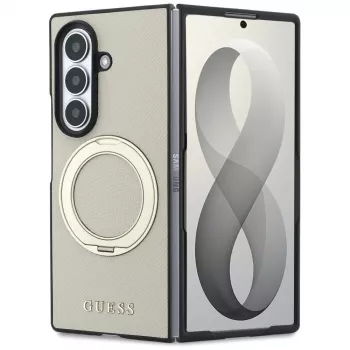 Guess Magnetic Ring Stand Grained Classic Logo MagSafe-skal för Samsung Galaxy Z Fold 8 Ultra (beige)
