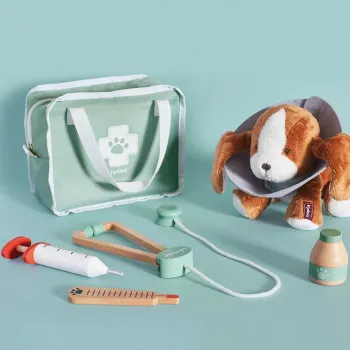 Janod veterinärset - 10-delat rollspelsset med träinstrument och tygväska
