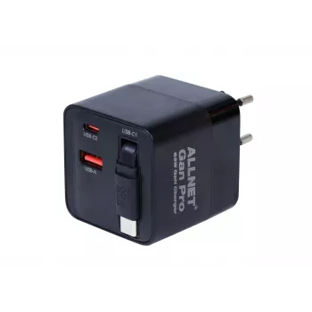 ALLNET 65W GaN USB-C PD väggladdare med Quick Charge 3.0, 2x USB-C och 1x USB-A