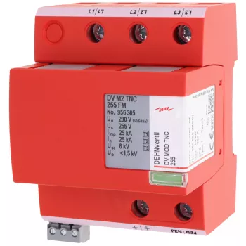DEHN DEHNventil M2 TNC 255 FM kombinerad blixtströms- och överspänningsavledare typ 1+2+3, 3-polig, 255 V AC, 35 mm DIN-skena