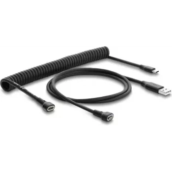 Delock magnetisk spiralkabel USB 2.0 Type-A kontakt till Pogo 4-pin kontakt + USB Type-C kontakt till Pogo 4-pin uttag adapter-set svart 1,5 m