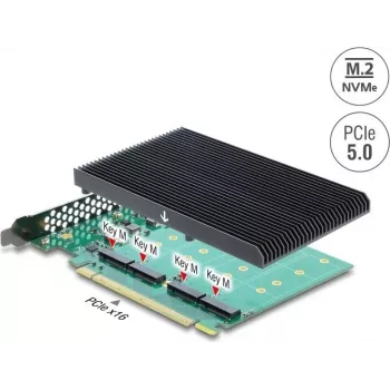 Delock PCI Express 5.0 x16-kort till 4 x interna NVMe M.2 Key M med kylfläns - bifurkation