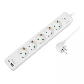 LogiLink LPS280U grenuttag, 5 AC-uttag, 2 USB-portar (USB-A & USB-C), 17W, vit