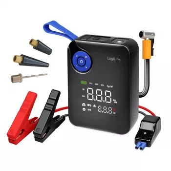 LogiLink PA0358 4-i-1 bilstartshjälp powerbank med luftkompressor, 7200 mAh, 200A startström, LED-ficklampa