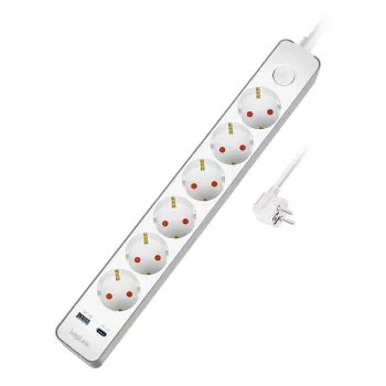 LogiLink grenuttag med 6 säkerhetsuttag, USB-A & USB-C PD 20W, vippströmbrytare, 1,5 m, vit