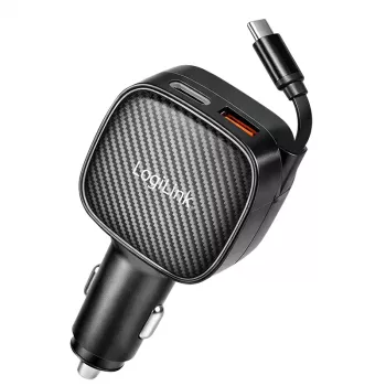LogiLink USB-billaddare, 3 portar inkl. indragbar USB-C-kabel, 60W, PD, QC, svart
