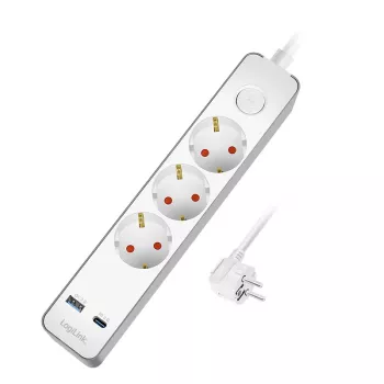 LogiLink LPS287U grenuttag med 3 säkerhetsuttag, USB-A & USB-C PD 20W, vippströmbrytare, 1,5 m kabel, vit
