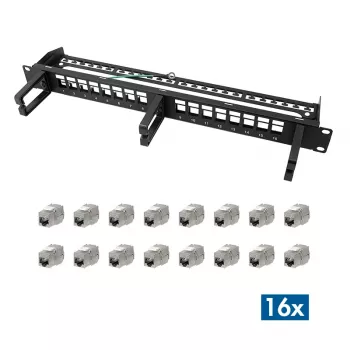 LOGILINK modulär 16-port Cat.6A keystone-patchpanel, 19/1U, med 3 kabelringar, svart
