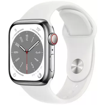 Apple Watch Series 8 GPS + Cellular 41mm stålboett med sportarmband, silver/vit (MNJ53EL/A)