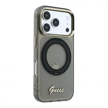 Guess IML Ring Stand 360 Script Metal Logo MagSafe-skal för iPhone 17 Pro / 18 Pro - svart