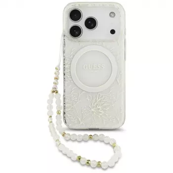 GUESS IML Flowers Allover Electroplated MagSafe-skal med pärlband för iPhone 18 Pro / 17 Pro – vit
