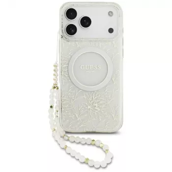GUESS IML Flowers Allover Electroplated MagSafe-skal med pärlarmband för iPhone 18 Pro Max / 17 Pro Max – vit