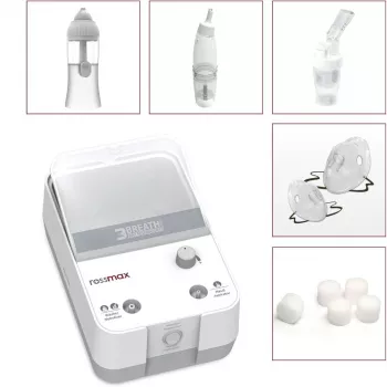 Rossmax NK1000 3-i-1 kolvkompressor-nebulisator med nässköljning och sug, 2,5 μm partikelstorlek, >80 % finpartikeldos, 0,35 ml/min nebuliseringshastighet, 5 ml medicinbägare, 10 ml nässköljningskapacitet, <60 dB ljud, kontinuerlig drift, vuxna & barn