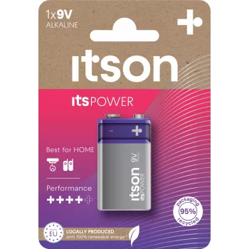 ITSON 6LR61IPO/1CP Alkaline 9V Battery (6LR61, PP3, 1 Pack) – Mercury-Free, 5-Year Shelf Life