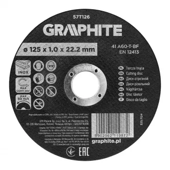 GRAPHITE 125 x 1,0 x 22,2 mm korundkapskiva för metall och rostfritt stål, 41 A60-T-BF, 110 st i kartong