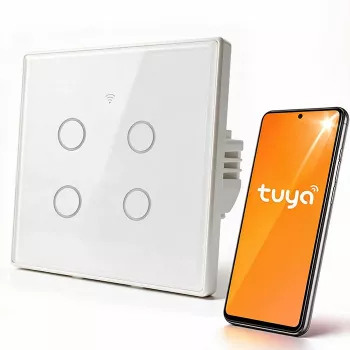 Qoltec 52718 Smart Touch 4-kanalig Wi-Fi ljusströmbrytare med timer, Tuya/Smart Life, härdat glas, vit