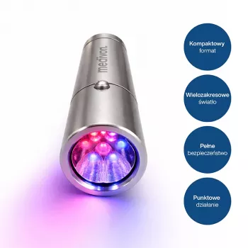 MEDIVON Lumix kompakt LED-ljusterapilampa, 5 våglängder 460–900 nm, 5-minuters timer, Li-jonbatteri, silver