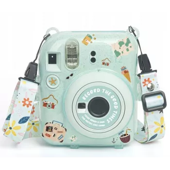 LOVEINSTANT skydd för Fujifilm Instax Mini 12 med klistermärken och fotoväska – grön glitter