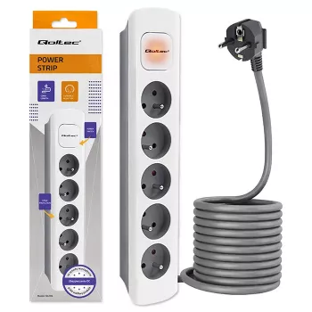 Qoltec 5-vägs grenuttag med strömbrytare, 1,8 m kabel, vit-grå