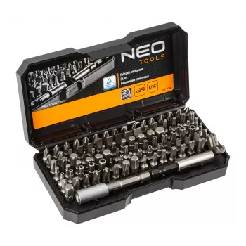 NEO TOOLS 99-delat skruvmejselbitset med handtag, S2-stål, 1/4 inch sexkant, spår, Phillips, Pozidriv, Torx, säkerhets-Torx, sexkant, säkerhetssexkant, fyrkant, spanner, Tri-Wing, Torq-Set, Clutch, magnetisk bithållare, adapter, verl