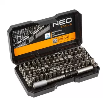 NEO TOOLS 99-delat skruvmejselbitset med handtag, S2-stål, 1/4 inch sexkant, spår, Phillips, Pozidriv, Torx, säkerhets-Torx, sexkant, säkerhetssexkant, fyrkant, spanner, Tri-Wing, Torq-Set, Clutch, magnetisk bithållare, adapter, verl