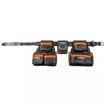 NEO TOOLS 84-330 professionellt verktygsbälte med 12 fickor, heavy-duty polyester, snabbspänne, justerbart 80-120 cm, svart/grå
