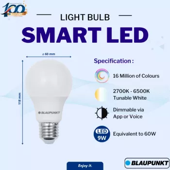 Blaupunkt E27 9W smart LED-lampa A60 – Tunable White & RGB, Wi-Fi, Alexa/Google Assistant