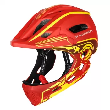 Wozinsky fullface-cykelhjälm för barn med USB-bakljus, röd-gul, 52-56 cm