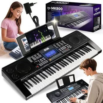 V-TONE MK800 portabelt pedagogiskt elektroniskt keyboard, 61 anslagskänsliga tangenter, 300 ljud, 300 rytmer, 40 demolåtar, LCD-display, USB-MIDI, hörlursutgång, mikrofoningång, sustainpedalingång, 2x5W högtalare, svart