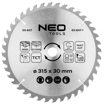 NEO TOOLS 315 mm TCT-cirkelsågblad, 40 tänder, 30 mm borrning, träsnitt