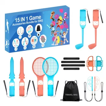 HURTEL Family Accessories Pack 15 i 1 för Nintendo Switch 2-konsol - orange och blått set