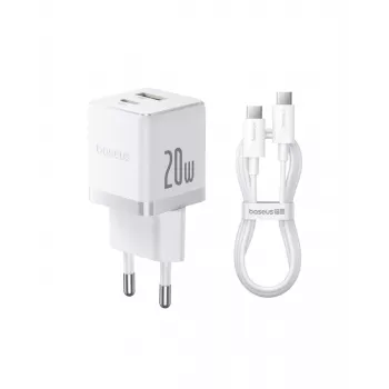 Baseus Palm 20W väggladdare, 1x USB-A + 1x USB-C, QC3.0/PD3.0, med 1 m USB-C kabel, vit (P10111608213-01)