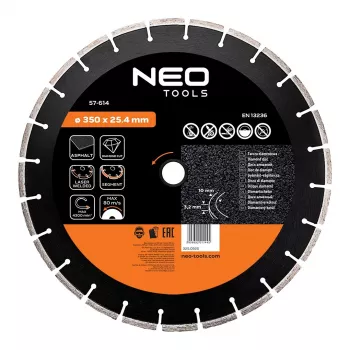 NEO TOOLS 350 mm lasersvetsad segmentdiamantklinga, 25,4 mm borrning, för betong, asfalt, sten