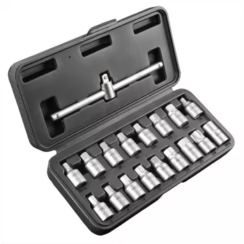 NEO TOOLS oljepluggnyckelset 3/8 inch fäste, 18 delar, kromvanadin, fyrkant/sexkant/Torx/kilspårsmuttrar, plastlåda