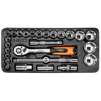 NEO TOOLS 84-238 1/2 inch hylsnyckelset 27 delar med spärrnyckel, förlängningar, kardanknut, glidhandtag och låda | CrV-stål | 10-32 mm