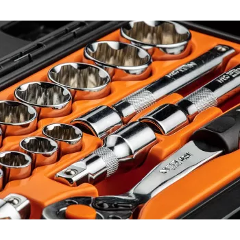 NEO TOOLS 1/2 inch hylsnyckelsats, 23 delar, kromvanadinstål, DIN 3124