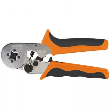 NEO Tools självjusterande spärrkabelsko-tång för ändhylsor 0,25-6 mm² (AWG 23-10), fyrkantskrimp, ergonomiskt tvåkomponentshandtag, 200 mm