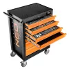 NEO TOOLS verkstadsskåp med 7 lådor och 129-delad verktygssats, röd/svart, kullagrade utdrag, centrallås, 400 kg bärförmåga
